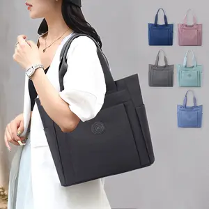 Women's Nylon Solid Color Tote Bag Practical Shoulder Bag Versatile Medium Bag with Multi-Layer & Top Handle