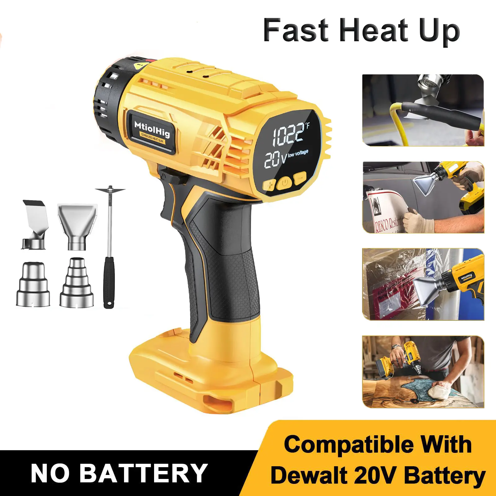 Cordless Heat Gun for DeWALT 20V 4Ah+ Battery (No Battery!!), 350W 990°F Hot Air Gun with 4 Nozzles & Scraper for Crafts, Shrink Wrap, Wire Connection
