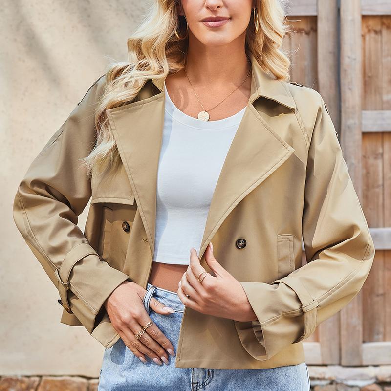 Women's Double Breasted Short Duster Trench Coat Lapel Loose Windproof Cropped Jacket Coat with Pockets