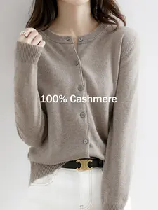 2026 New Spring Autumn Women's 100% Cashmere Crew Neck Cardigan, Loose Slim Fit Versatile Short Sweater Coat