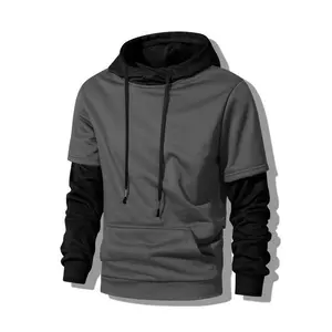 Men’s fashion hoodie — men’s clothing; faux two-piece hoodie and sweatshirt; novelty hooded sweatshirt; patchwork hoodie