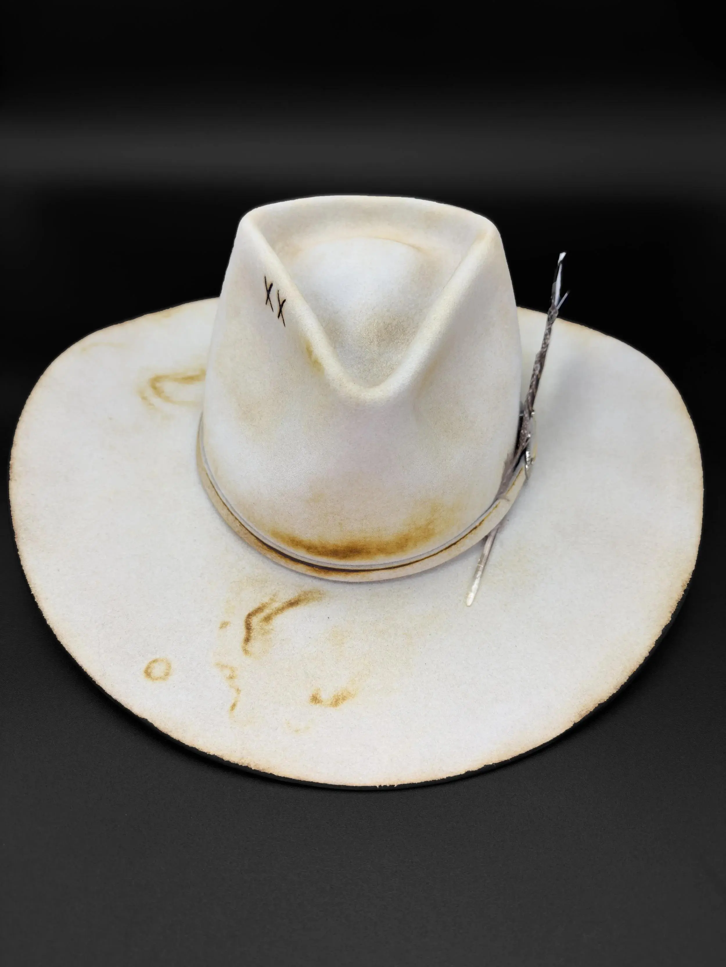 Fuego Teardrop Crown Cowboy Hat with Silverbelly Band & Burn Marks 100% Rabbit Felt Size 7 3/8 Handmade Everyday Style
