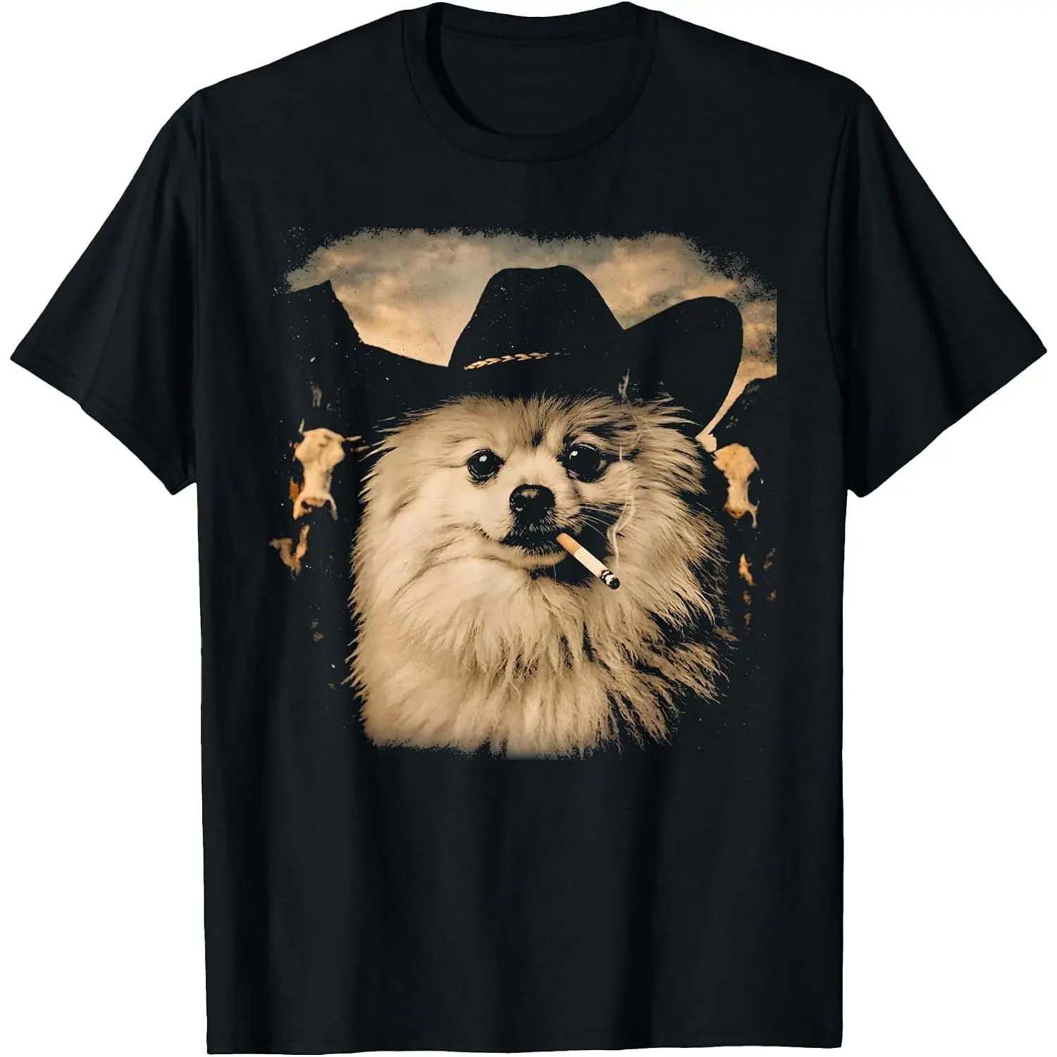 100% Cotton Pomeranian Western Graphic Vintage Cowboy Dog Smoking Meme T-Shirt