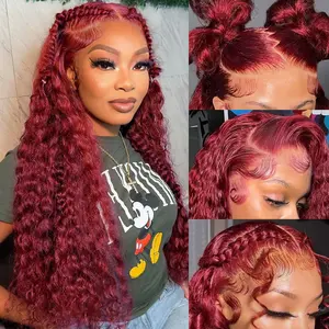 30 Inch 99J Burgundy Lace Front Wigs Human Hair Deep Wave Lace Front Wigs Human Hair Pre Plucked Red Curly Human Hair Wig 13x6 HD Colored Frontal Glueless Wet and Wavy Deep Wave Wig