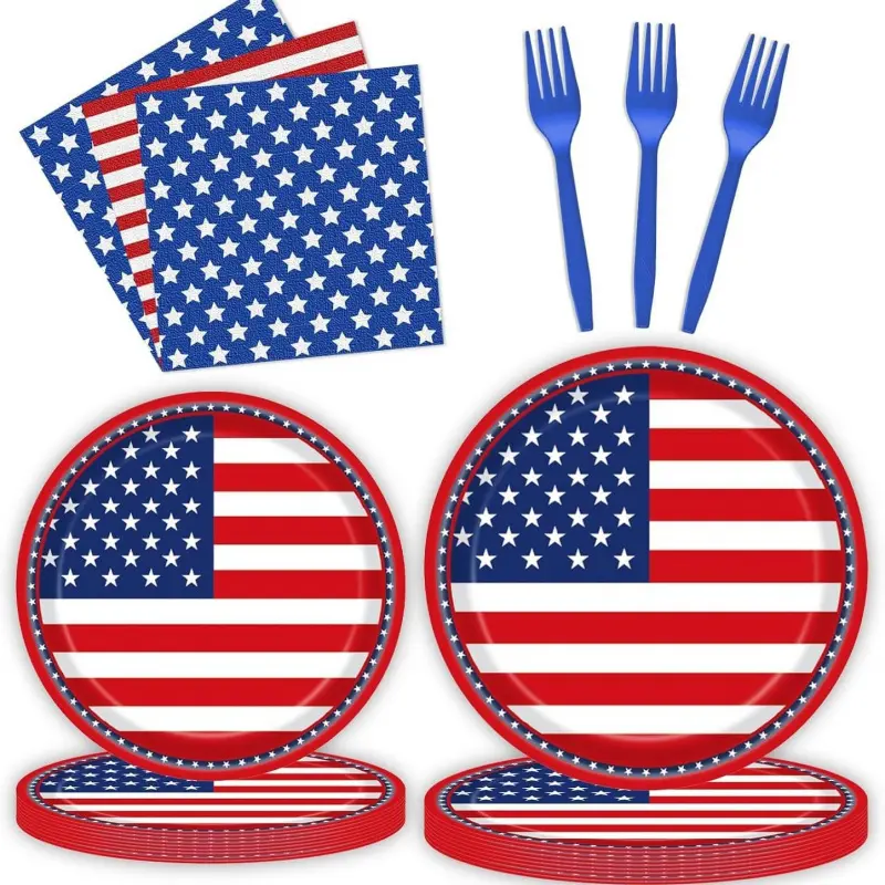 American Independence Day Theme Party Plate,American Flag Patriotic Party Plates and Napkins, Forks Supplies - Disposable Tableware Paper Set for Veterans, Election, 4th of July, Independence Day Decorations, Serves 24 Guests