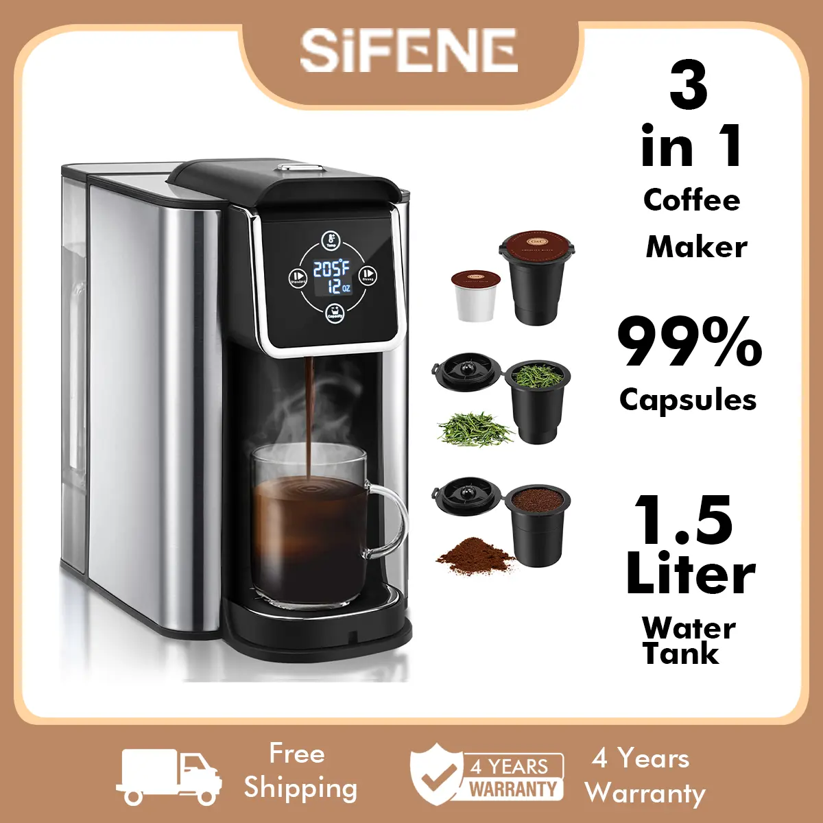 SIFENE 3-in-1 Single Serve Coffee Maker for K-pods, Ground Coffee, and Loose Leaf Tea, Custom Temperature and Strength Control, Quick Brew with Large 50 oz Reservoir