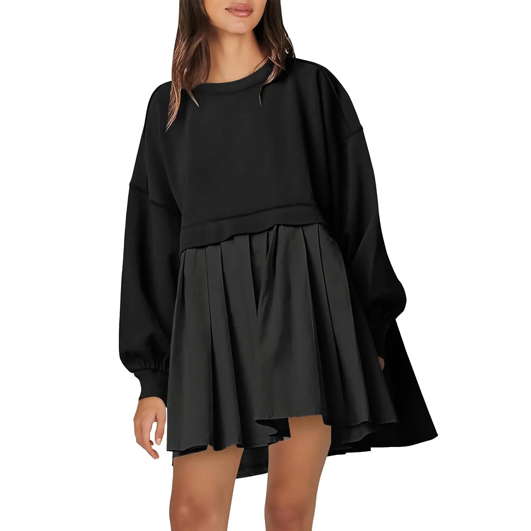 2026Solid Color 2 in 1 Pleated Smock Dress, Casual Drop Shoulder Long Sleeve Short Dress for Fall & Winter, Women's Clothes for Daily Wear, Women Casual Bodycon Sundress Wedding Guest Evening Party Midi Mini Maxi Dress