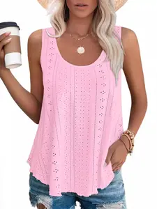 Women's Sleeveless Tank Top, Eyelet Embroidery Scoop Neck, Loose Fit Casual Summer Wear, Flowy Design for Comfortable Style, Lightweight