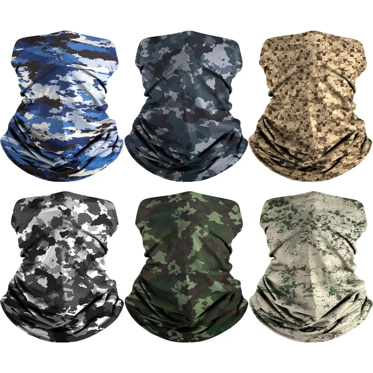Unisex Adults' 6-Pack Multifunctional Camouflage Neck Gaiters, Breathable Quick Dry Polyester Face Covering Masks & Accessories with Ear Loops, Universal Elastic Fit 25x45cm, UV-Protective, Machine Washable for Biking, Fishing, 25 X 45 Cm