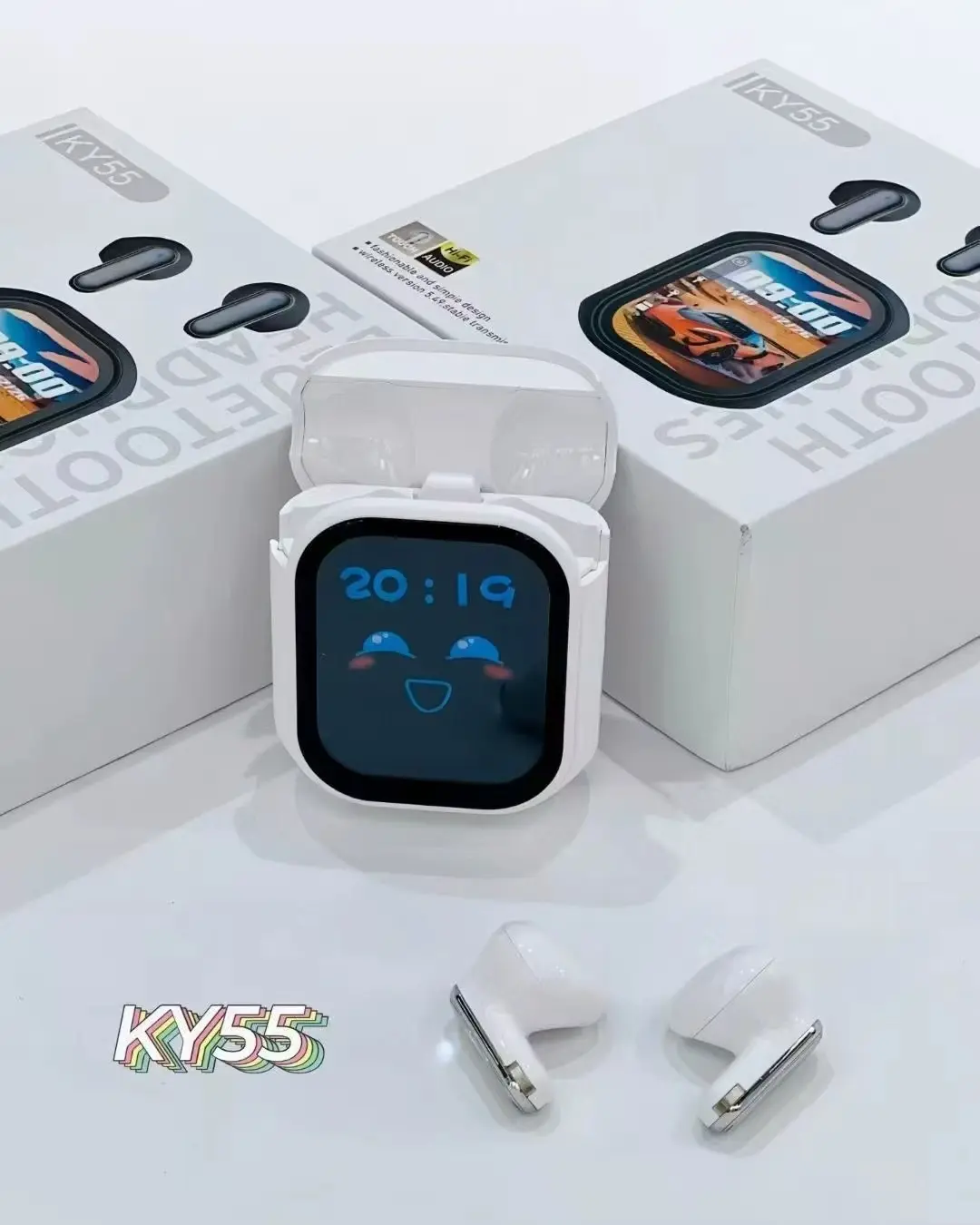 KY55 Smart Watch with Bluetooth Earbuds - KY55 Model - White Color - Displaying Time 20:19 - Compact Design - Ideal for Daily Use