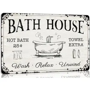 Generic Bath House Metal Tin Signs Hot Bath Towel Extra Wash Relax Unwind Vintage Retro Sign for Home Farmhouse Bathroom Bath Wall Decor Family Bath Gift Plaque 8x12 Inch