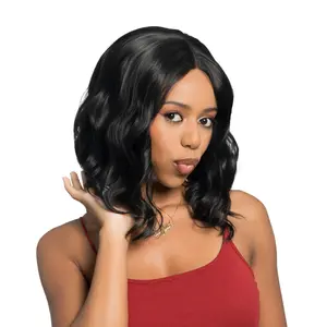 12-Inch Solid Matte Black Wavy A-Line Long Bob Lace Front Synthetic Wig | 【Heat Resistant】【Cap Included】 | FSGA
