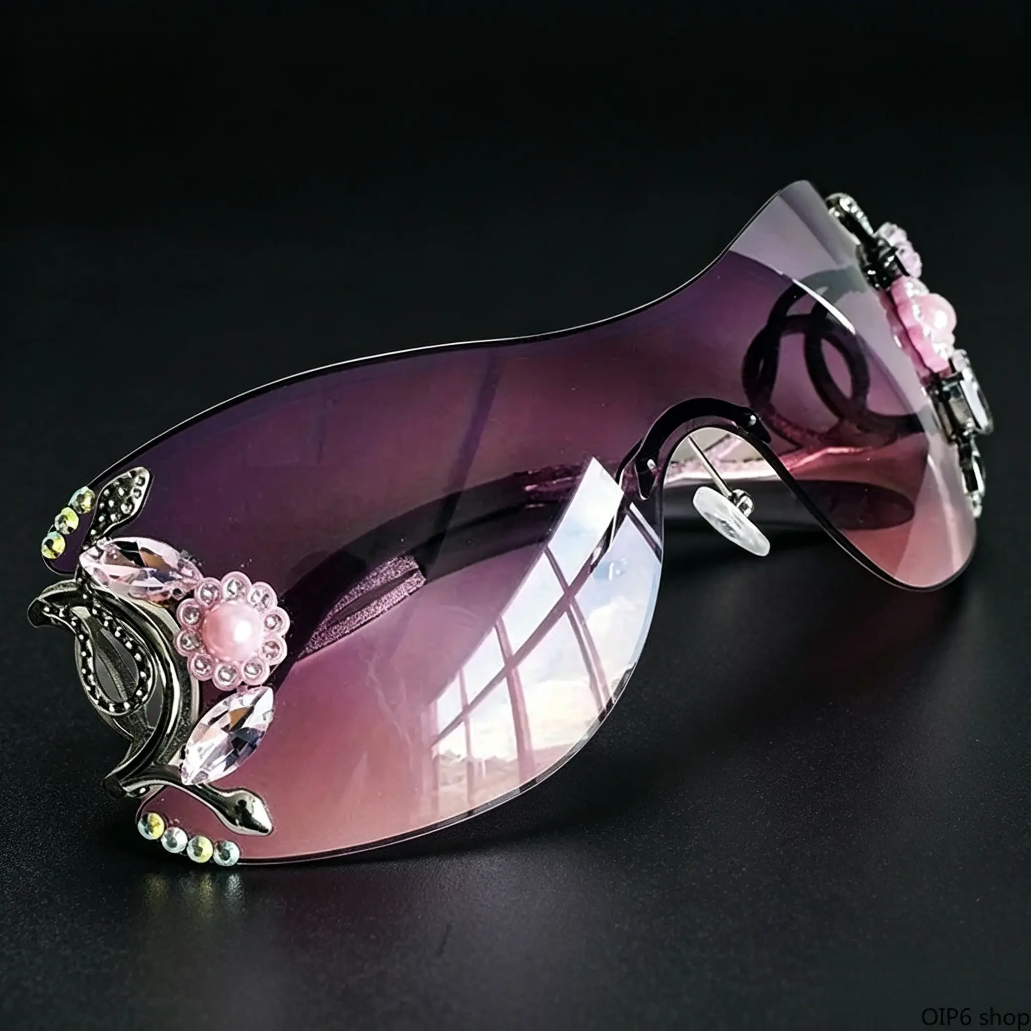 Rhinestone Decor Rimless Sunglasses For Women, Oversized Integrated Eyewear With Floral Ornament, Gradient Purple Pink Lens And Delicate Titanium Structure, Elegant Distinctive Facial Accessory Matching Daily Leisure And Social Occasions