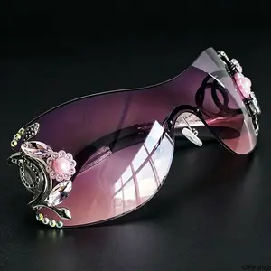 Rhinestone Decor Rimless Sunglasses For Women, Oversized Integrated Eyewear With Floral Ornament, Gradient Purple Pink Lens And Delicate Titanium Structure, Elegant Distinctive Facial Accessory Matching Daily Leisure And Social Occasions