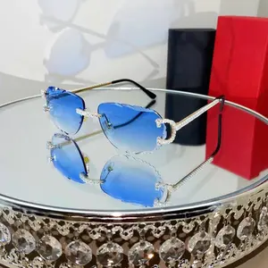 Luxury Rimless Round Cut Sunglasses Blue Lens Gold Frame with High-Quality Rhinestones and Diamond Shine UV400 Protection for Men & Women