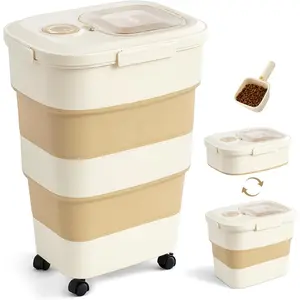 40-50lbs Dog Food Storage Container, Large Capacity Collapsible Airtight Pet Food Storage Containers with Rolling Wheels, Transparent Lid, Scoop and Date Track, Khaki