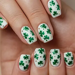 Saint Patrick Wearable Nail Short Square Shape Four-Leaf Clover 24 Pieces, Star Decorations, Nail Art Design, Removable Reusable Nail Stickers Set