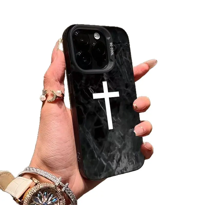 2025 Trendy Black-New Cross Marble Finish Acrylic Hard Back Anti-Fall Cellphone Case - Durable Minimalist Believers' Protection Accessory with Soft Edge for iPhone 17 Pro Max,16,15,14 Plus,13,12 Mini,11,XR,X,XS,Air