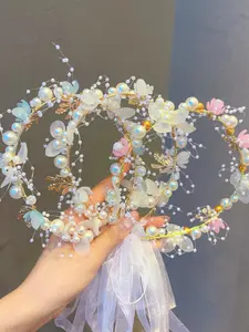Girls' Flower Pearl Headband, Cute Rainbow Stripe Hair Accessory, Sparkling Flower Headbands, Sweet Princess Crown for All Seasons, Random Color, Suitable for Girls