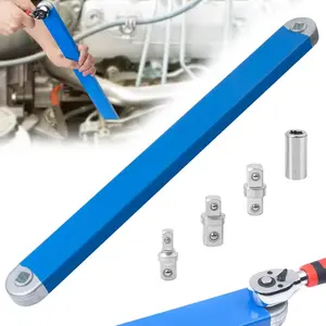 Offset Extension Wrench, Upgraded Impact Ready Extension Wrench Set, with 4pcs 1/2", 1/4" and 3/8" Square Drive Adapters, 15" Socket Wrench Tool, Universal Extensions Wrench for Hard-to-reach Place