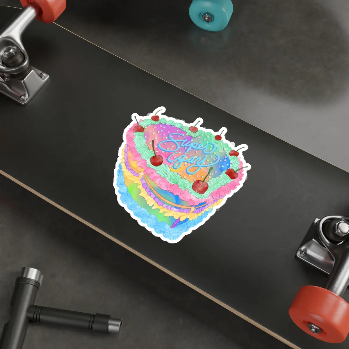 Super Gay Rainbow Cake Waterproof Vinyl Die-Cut Stickers | Super Gay Vintage Cake Decor | LGBTQ+ Pride Gift for Bakers, Laptop & Water Bottle Sticker
