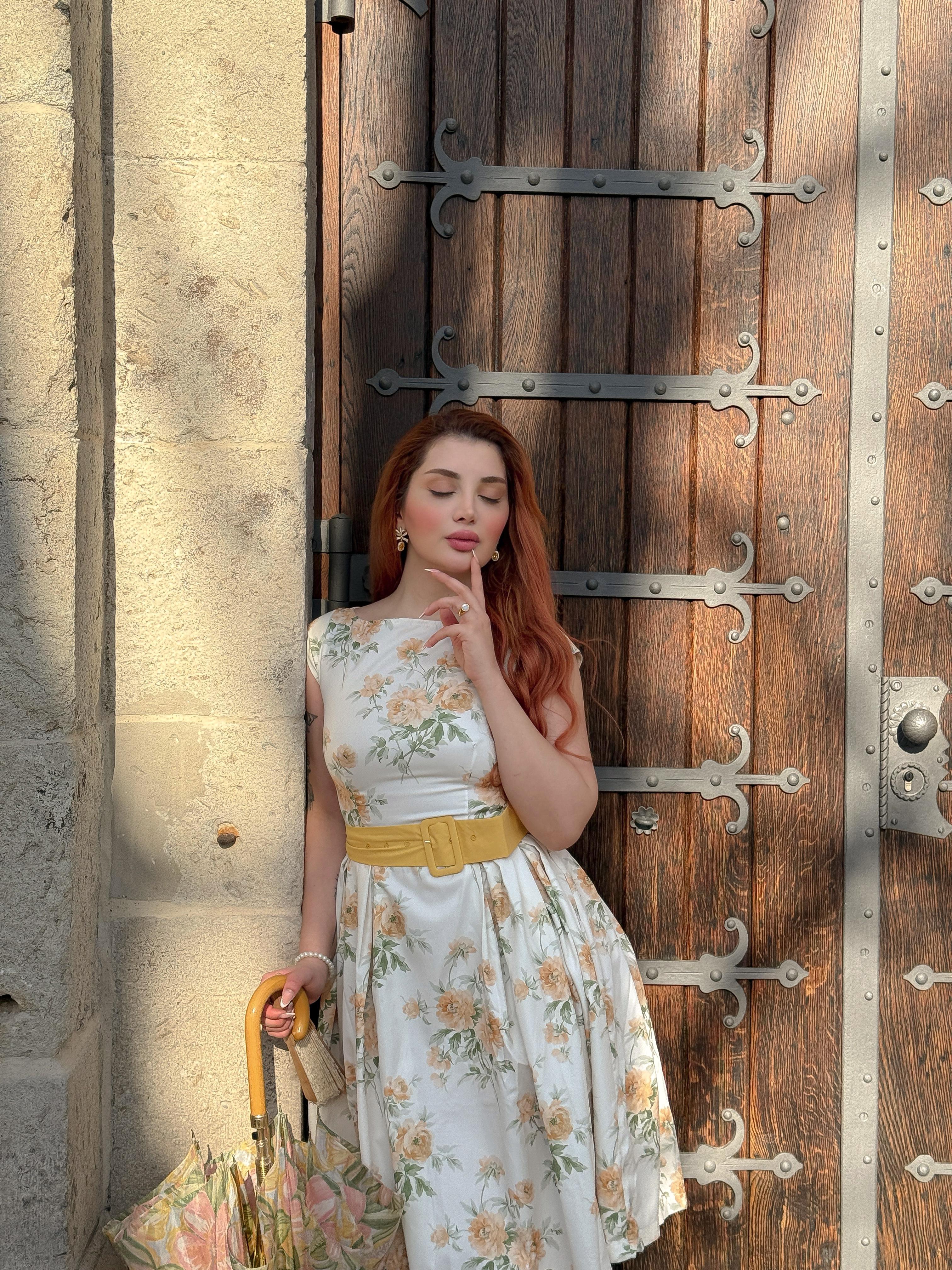 Yellow 1950s Boat Neck Antique Floral Dress Spring Vacation Womenswear Fitted Casual Sleeveless