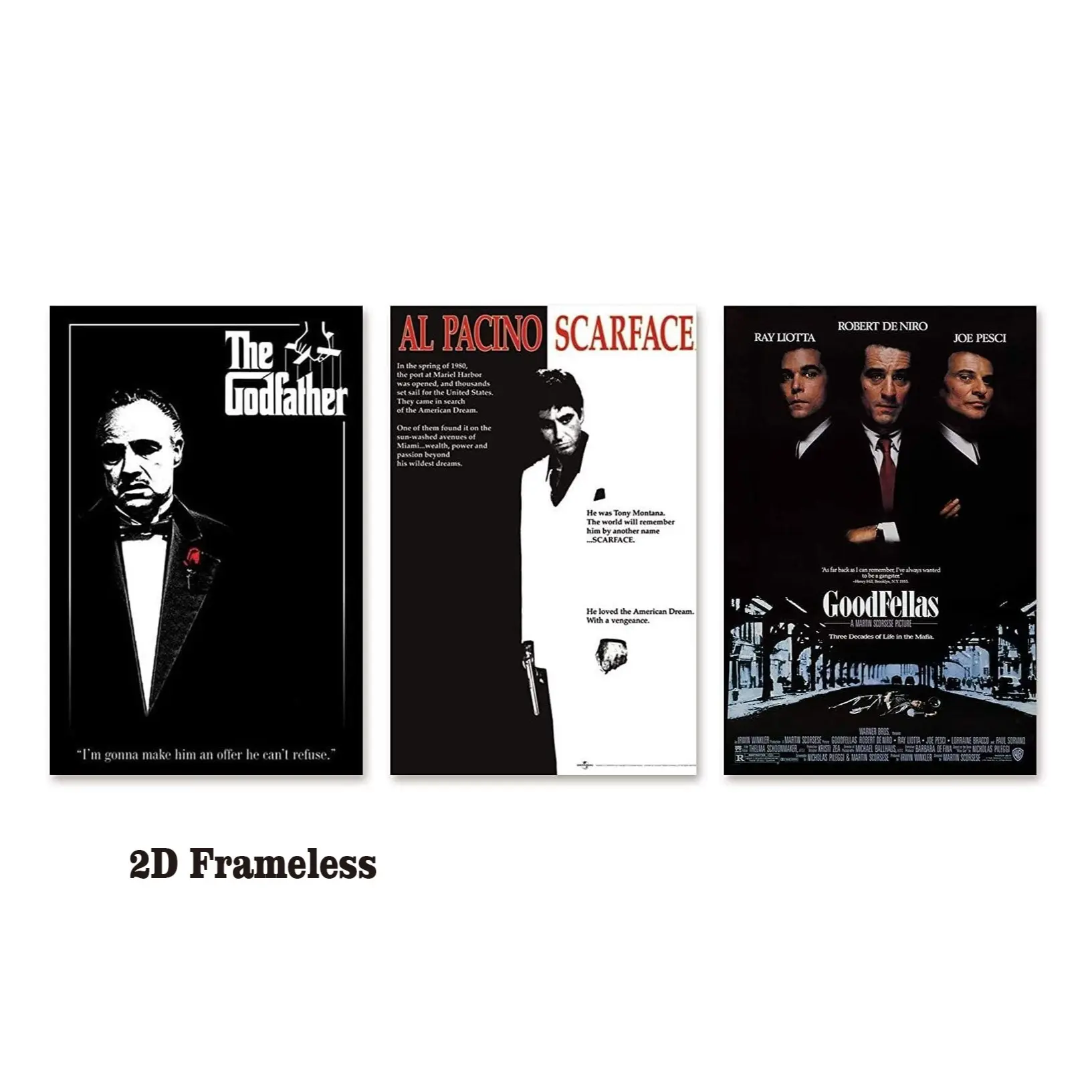 Set of 3: Gangster Movie Poster Close-Up Trio: *The Godfather*, *Scarface* (starring Al Pacino), and *Goodfellas*; 2D flat, unframed, Artistic, Frameless canvas posters