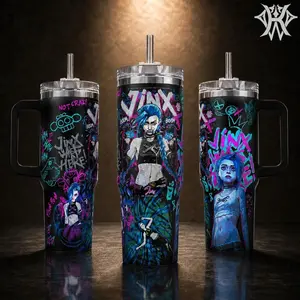 Arcane Jinx LeagueO Legends LOL TFT 40 oz Vacuum Insulated Tumbler with Handle & Straw Blue Hair Graffiti Graphic Keeps Drinks Hot/Cold 12H+ 18/8 Stainless Steel Travel Mug for Gamers & Anime Fans Dark Aesthetic Merch Gift