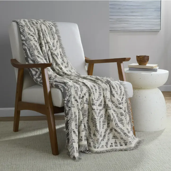 Rustic Designs Relaxing Savine Gray Cotton Blend Jacquard Knit Tapestry Throw, 50" x 60"