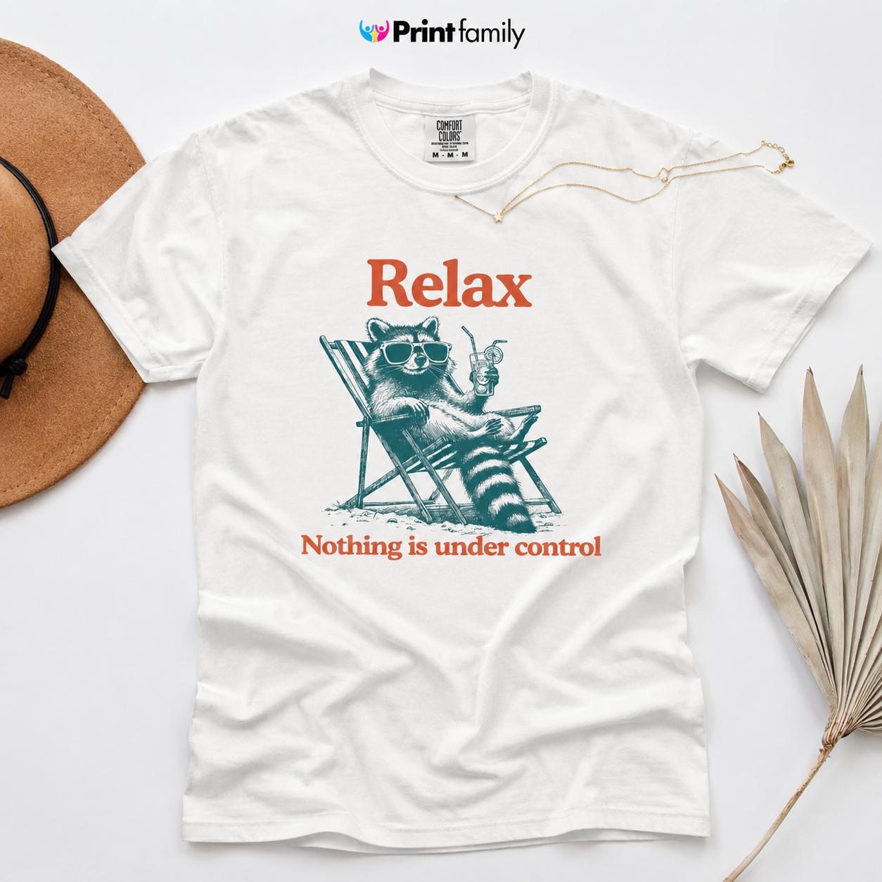 Comfort Colors Raccoon Lying on Beach Chair with Lemonade T-Shirt, Relax Nothing is Under Control Shirt, Funny Summer Shirt, Vintage Raccoon Graphic Tee, Vacation Shirt – Printfamily
