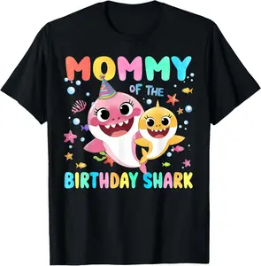 100% Cotton Mommy Of The Birthday Family Shark Funny Birthday Party T-Shirt