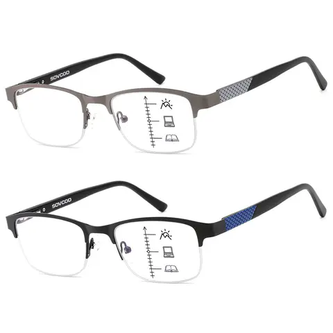 Men's 2-Pack Progressive Multifocus Rectangular Eyeglasses - Semi-Rimless Metal Aluminum Frame, Blue Light Blocking Resin Lenses, 1.0x Power Computer Readers, 400 ml Packaging Volume