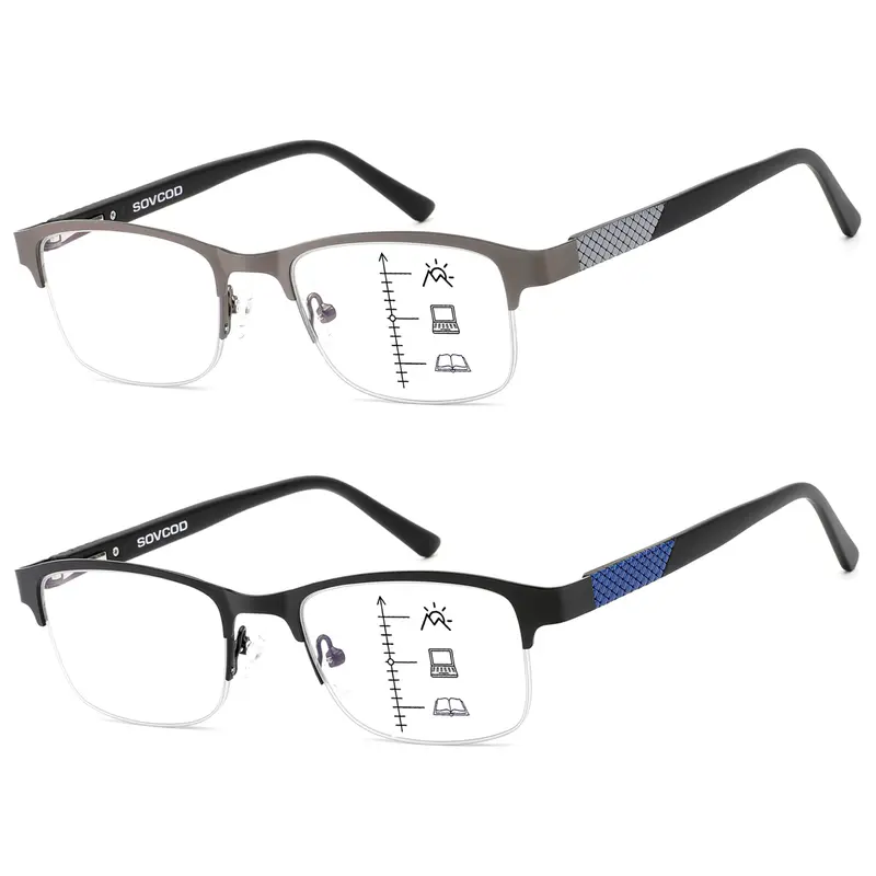Men's 2-Pack Progressive Multifocus Rectangular Eyeglasses - Semi-Rimless Metal Aluminum Frame, Blue Light Blocking Resin Lenses, 1.0x Power Computer Readers, 400 ml Packaging Volume