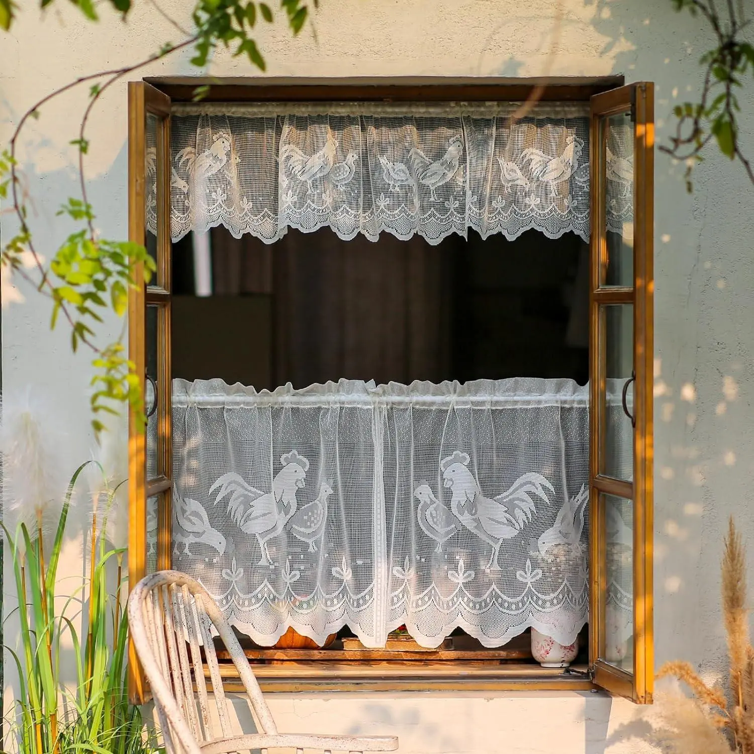 Chicken Pattern Lace Curtain, 1 Set Short Curtain with Rod Pocket, Home Decor for Living Room, Bedroom, Office, Kitchen, Net Curtains Window, Home Decorative Curtain, Home Decoration Curtain