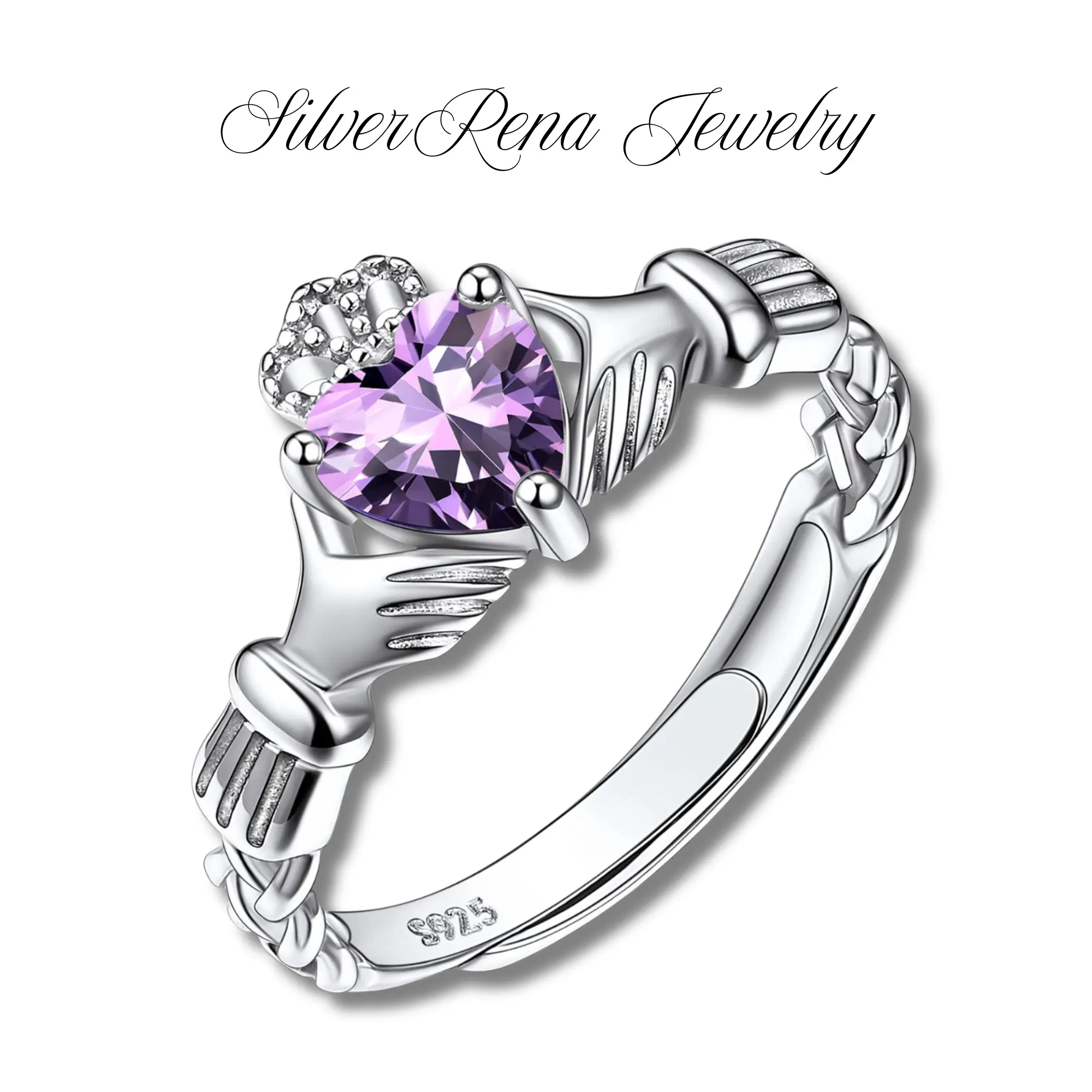 S925 Sterling Silver Heart Synthetic Amethyst Ring with Exquiste Crown, Elegant Fashion and Cute Purple Zirconia Jewelry  for Women, Girls, Daughter Birthday Gift, Perfect for Daily Wear and Party