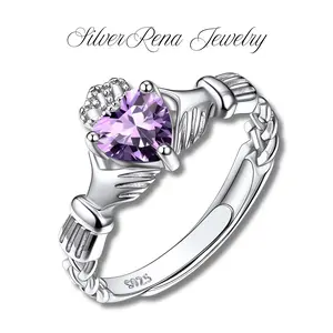 S925 Mother's Day Sterling Silver Heart Synthetic Amethyst Ring with Exquiste Crown, Elegant Fashion and Cute Purple Zirconia Jewelry  for Women, Girls, Daughter Birthday Gift, Perfect for Daily Wear and Party