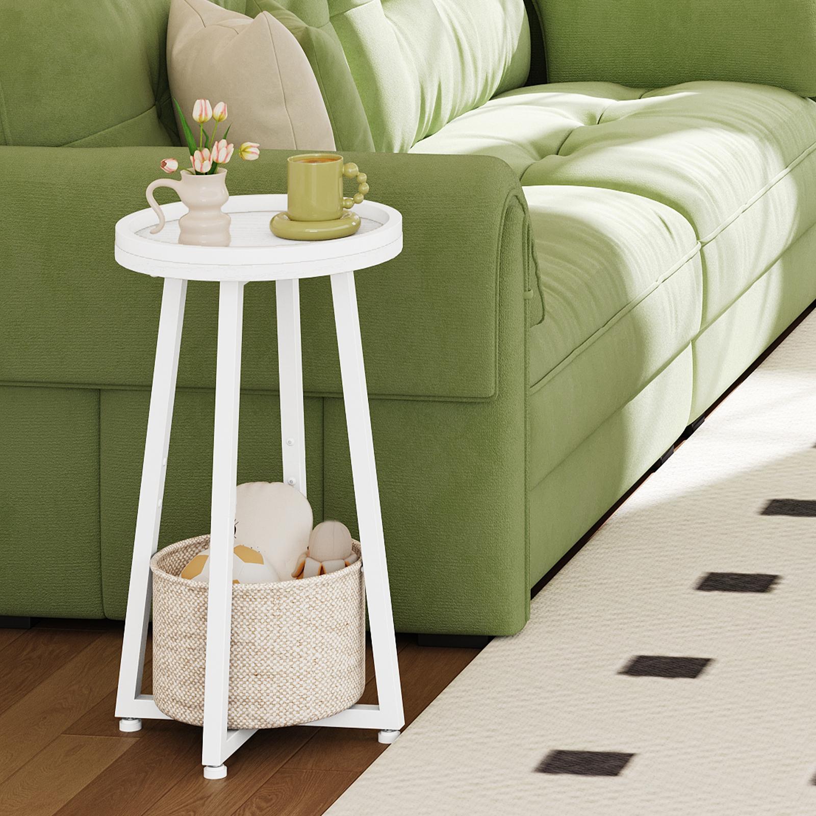 HOOBRO Small Round Side Table, 2-Tier Round Sofa End Table, Compact Nightstand with Cotton Linen Storage Basket, for Small Space, Living Room, Bedroom, Dorm, Rustic Brown