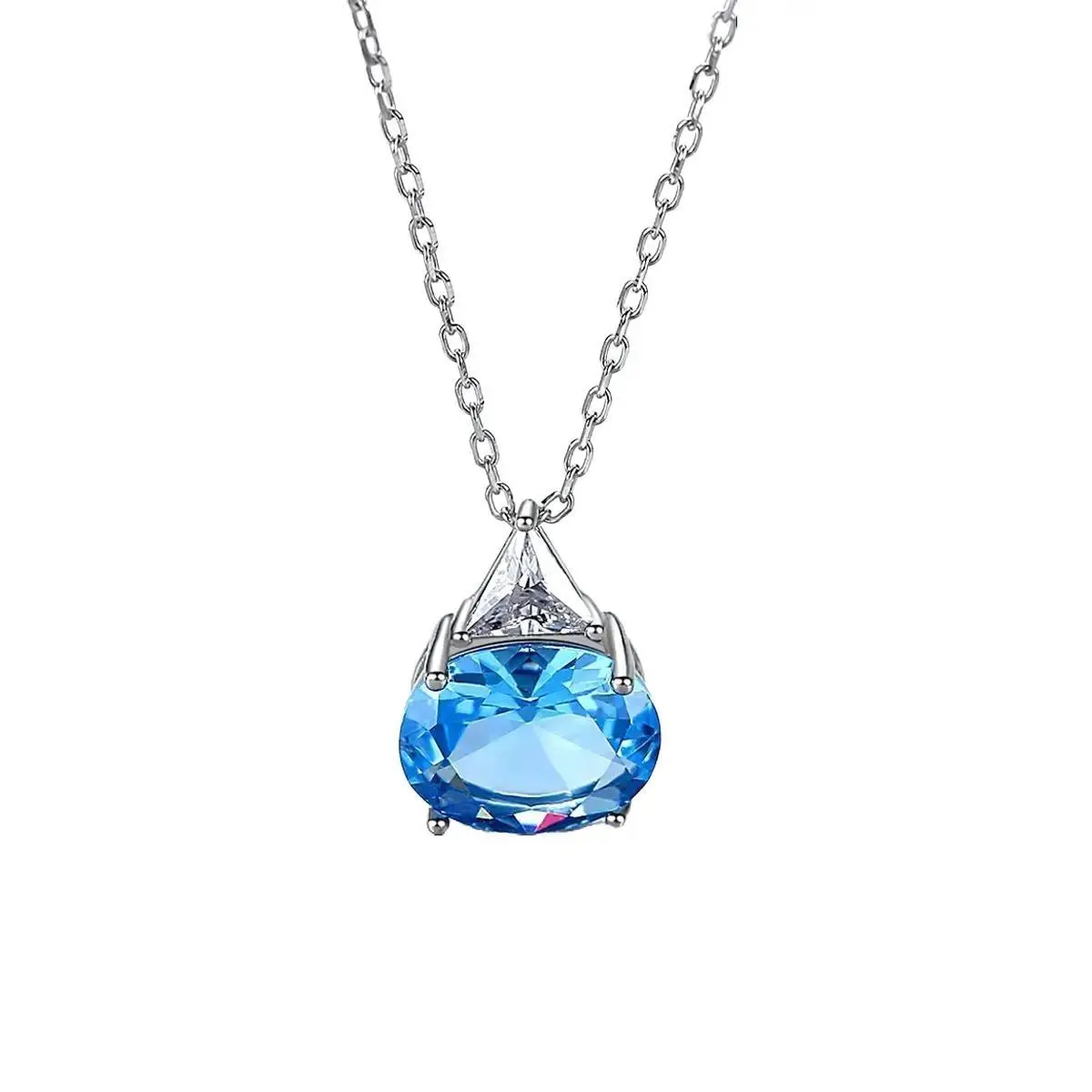 BLEMSA Silver Blue Sapphire Oval Pendant Necklace for Women, Adjustable Length 15" + 2.4"