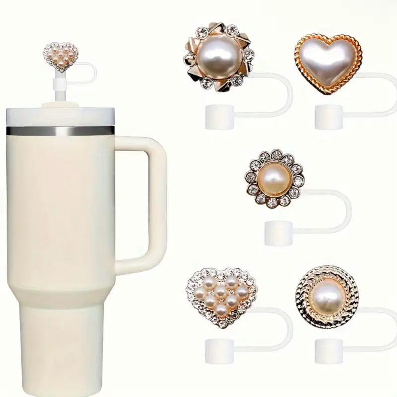 Fancy Pants Straw Topper Set - 5 PC Heart, Pearl, Clover & Flower Patterns - Reusable Silicone Drinkware for Women & Girls - Mug & Tumbler Easily Cleanable Beverage