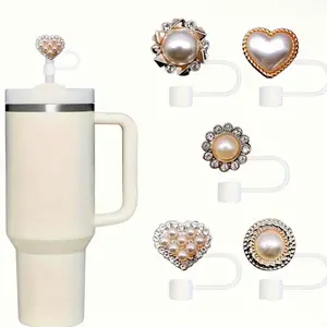 Fancy Pants Straw Topper Set - 5 PC Heart, Pearl, Clover & Flower Patterns - Reusable Silicone Drinkware for Women & Girls - Mug & Tumbler Easily Cleanable Beverage