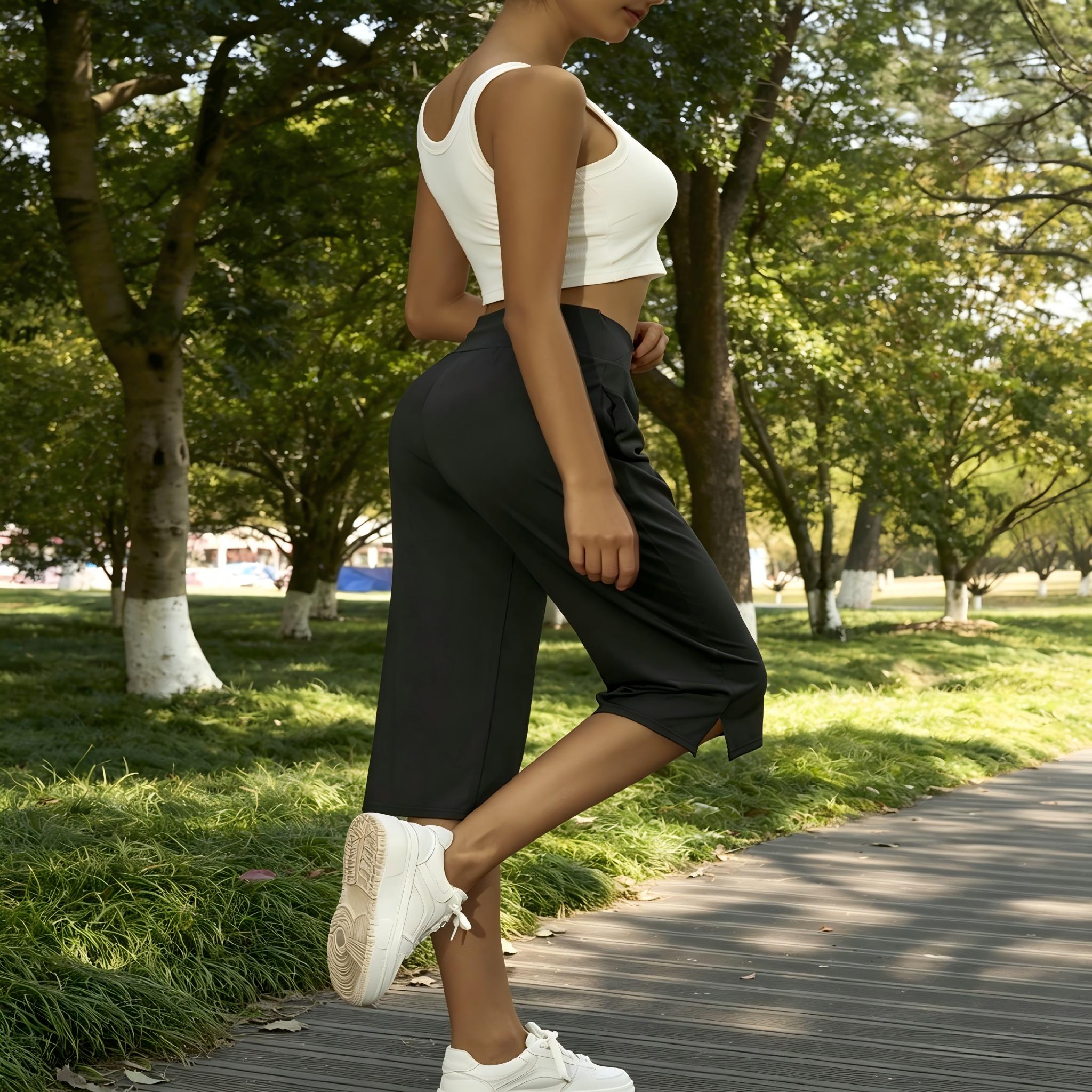 Women's Casual Tumny Contol High Waist Fited Wide Leg Capri Pants Buton Hem Loose Fit Cropped Trousers Summer Shorts Beach Vacation Lounge Daily Work Outfits Solid Black Stretchy, Soft, Breathable, Lightweight, Elastic Spring Break Plus Size