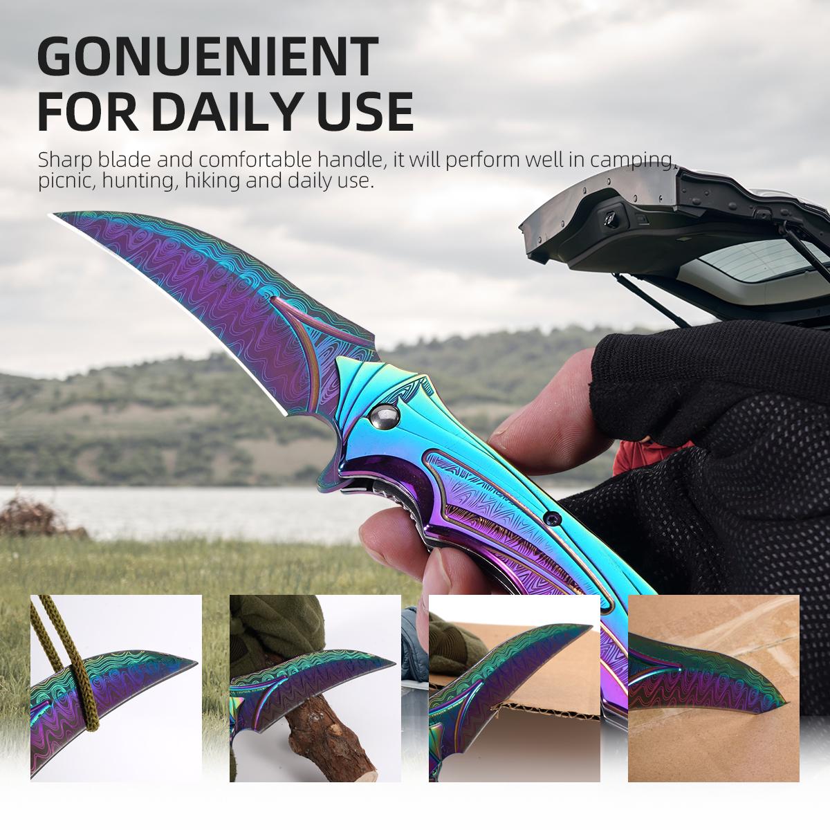 Vibrant Rainbow/Gold Damascus Folding Knife, Perfect for Hiking Camping & EDC