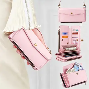 Multifunctional Flip Wallet Leather Phone Case With Crossbody Messenger Bag Strap, Hand Strap Card Holder Cover, Large Capacity Shockproof Full Protection Wallet Case, Crossbody Style Leather Shell Compatible with iPhone 12 13 14 15 16 17 Pro Pro Max cute