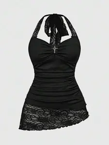Tina Nico Spring/Summer Beach Casual Black  Lace Patchwork Asymmetrical Hem Lace Trim Halter Neck Tied Waist Tank Top
