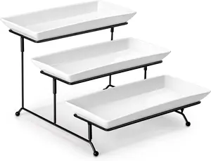 3 Tier Serving Trays for Party, Porcelain Serving Platters and Trays, 12 Inch Tiered Tray Stand, Fruit Tray, Trays for Serving , White Dessert Stand with Collapsible Sturdier Metal Rack