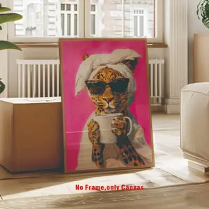 Colorful Leopard Print Minimalist Poster, Coffee Drinking Art Canvas, Home and Kitchen Decoration, Modern Art Print, Canvas Prints