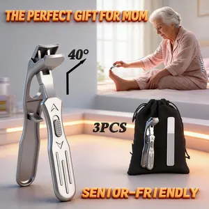Senior-Friendly Thick Toenail Clipper Set for Seniors Includes Nail Buffer Upgraded Version Diagonal Large Clipper with Wide Opening Sharp Durable Splash-Proof Curved Blade Unisex Silver Color
