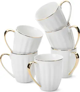 BTT- White Coffee Mugs Set of 6 (12 oz), Porcelin White Coffee Mug Set with  Trim Design