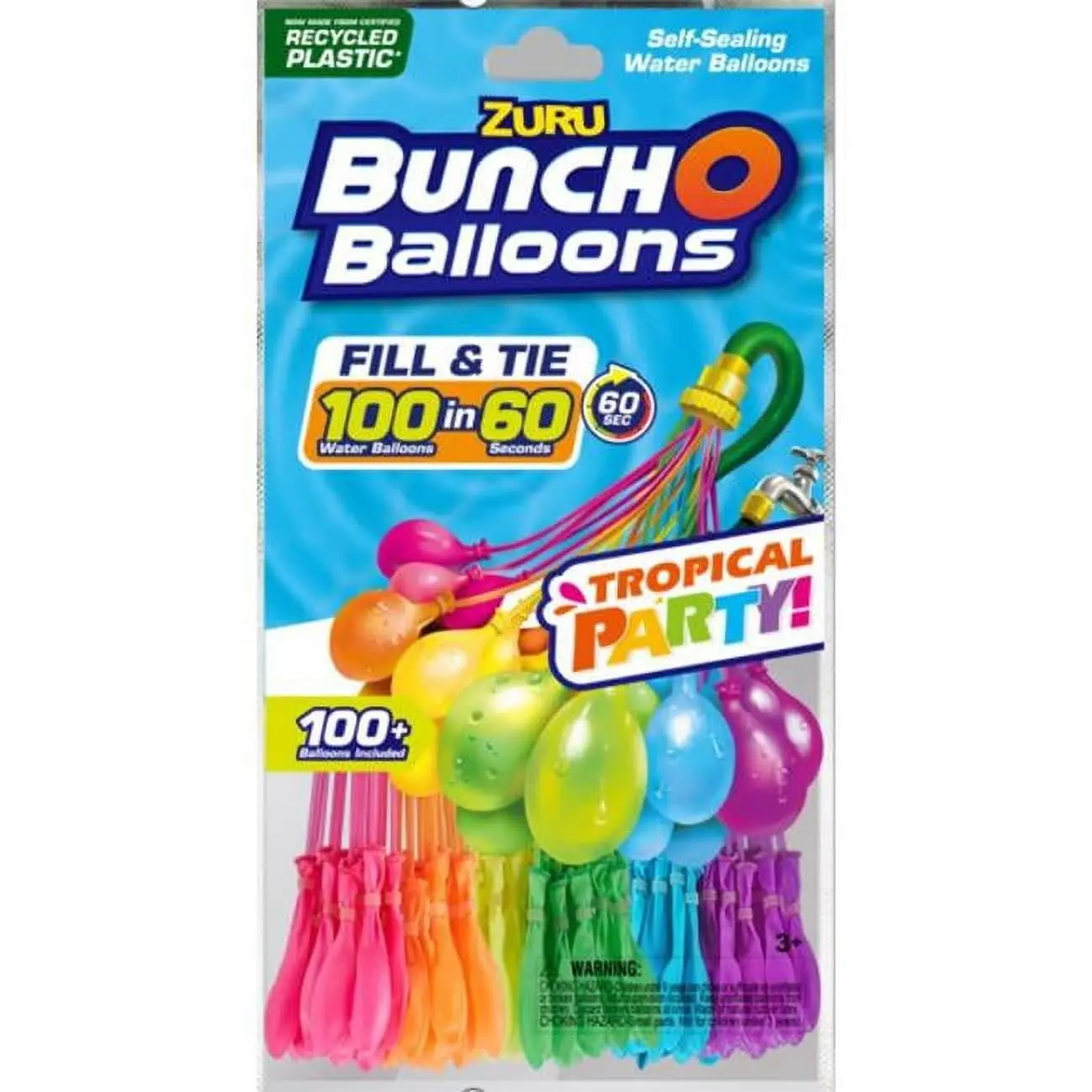212 MAIN Self-Sealing Rapid Filling Stemmed Water Balloons, 100-Piece Set (6050135 Bunch O Balloons), Vibrant Colors, Plastic Rubber Material, for Tropical Party Outdoor Fun, Water Balloon Battles