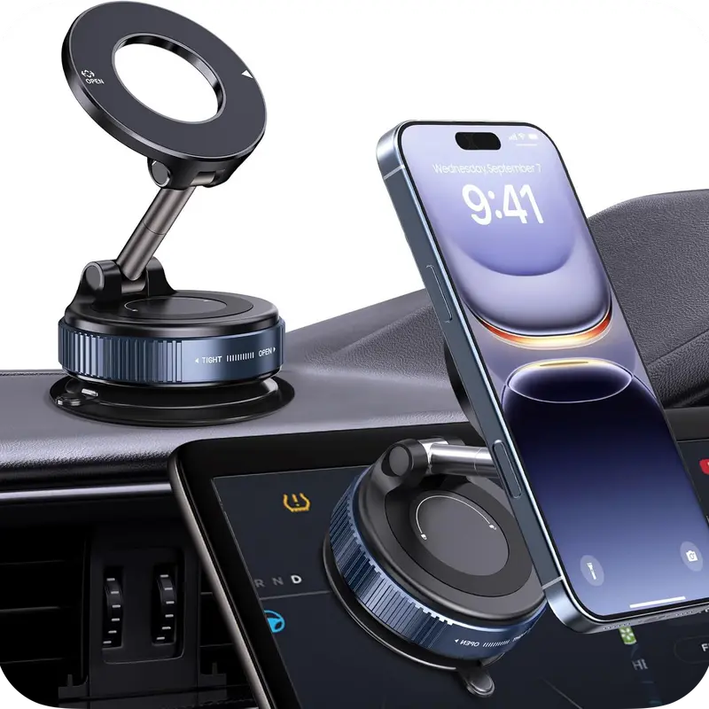 Powerful Car Mount with Zinc Alloy Arm - Portable Phone Holder, Foldable Design, Secure Suction Cup, Included Pad, Secure Grip for Car Driving Navigation, Universal Auto Interior Accessory, Suitable for Cooking, Home Use